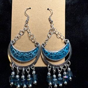 Silver & Teal Crescent Drop Earrings - Boho Dangle